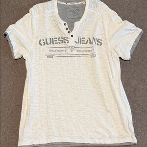 Guess White and Gray T-Shirt with Buttoned Neckline